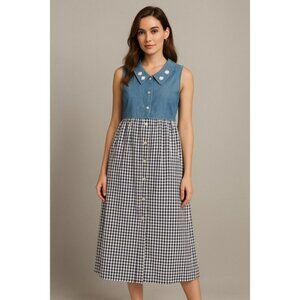 Vintage Faded Glory Dress‎ Womens L Blue Denim Floral Cottagecore Prairie Granny